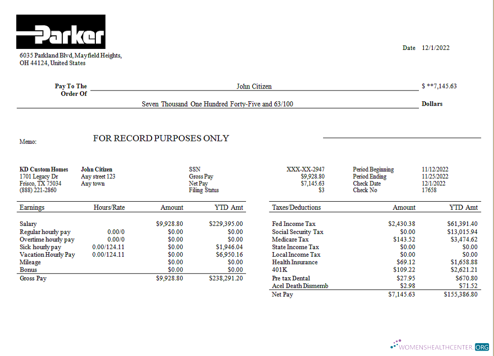 Download USA Parker Hannifin engineering company pay stub Photoshop template